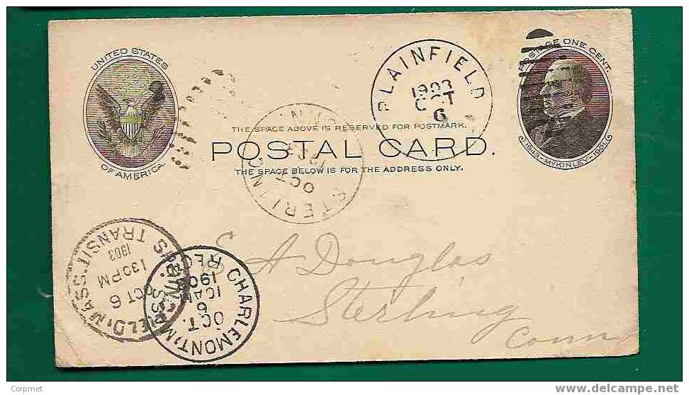 USA - 1903 Mc KINLEY And EAGLE ENTIRE From PLAINFIELD To STERLING, CONN - CHARLEMONT, MA Transit - VF Marks - 1901-20