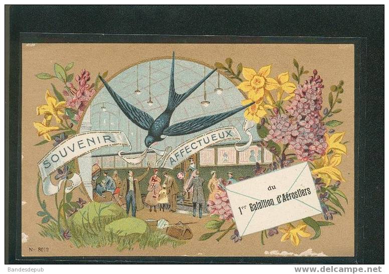 Jolie Carte Souvenir Du Premier Bataillon Aérostiers Aérostat Hirondelle Gare Train Voyage Jonquille Lilas - Montgolfières