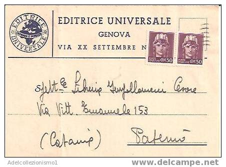 904)cartolina Con 2x50c. Turrita Da Genova A Paternò - Storia Postale