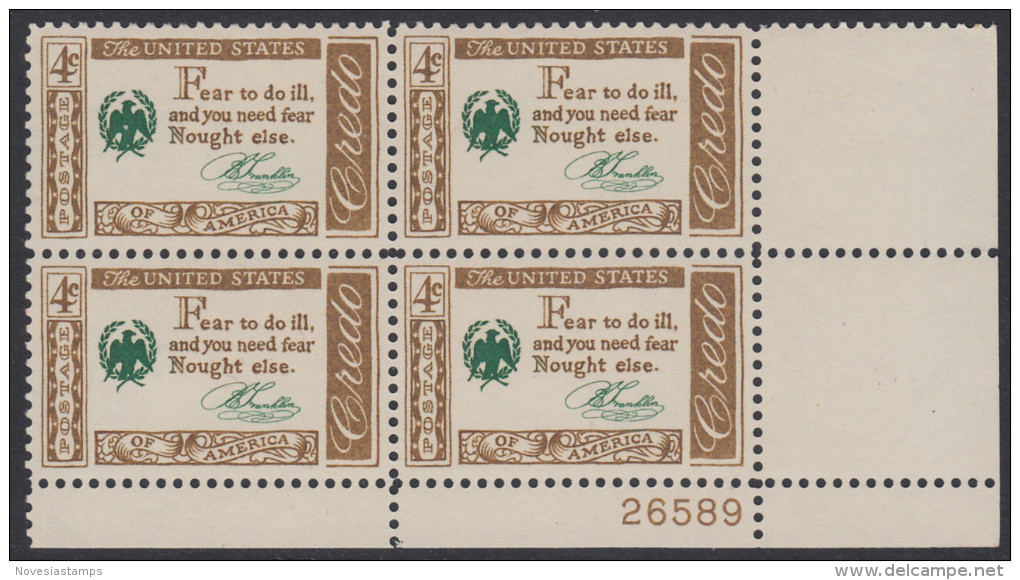 !a! USA Sc# 1140 MNH PLATEBLOCK (LR/26589) - American Credo: Franklin - Ongebruikt