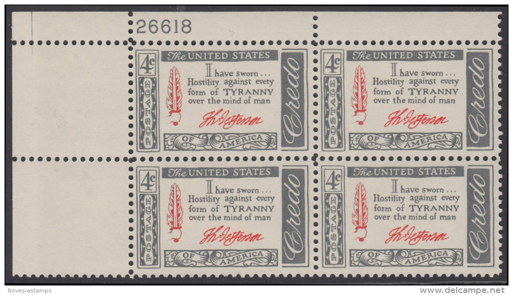 !a! USA Sc# 1141 MNH PLATEBLOCK (UL/26618/a) - American Credo: Jefferson - Unused Stamps