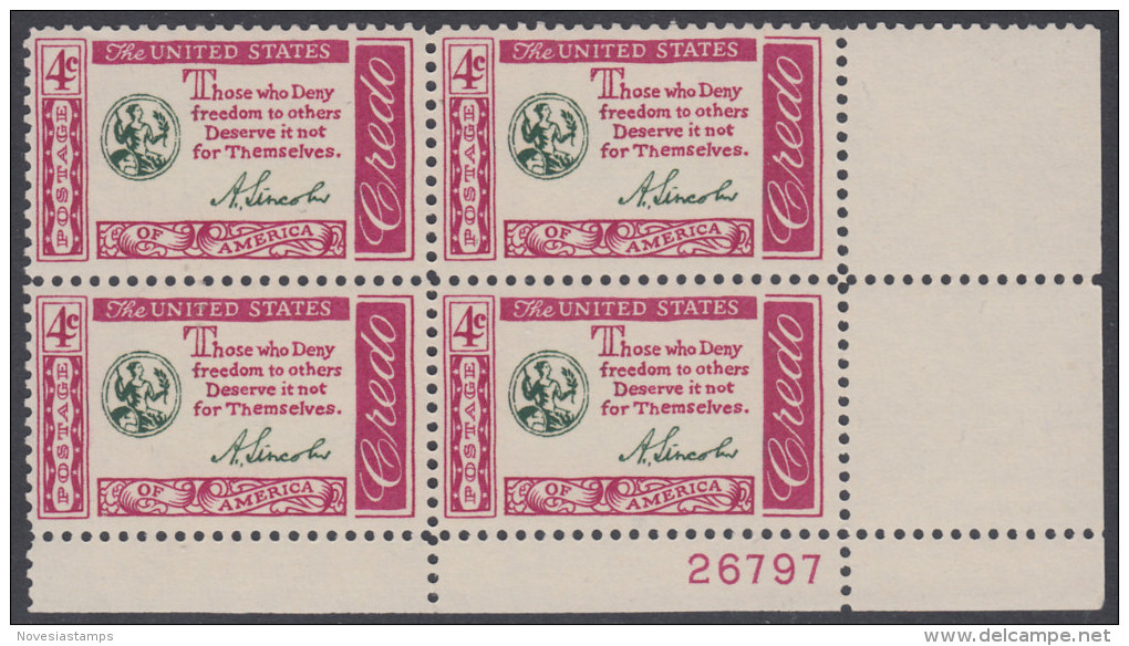 !a! USA Sc# 1143 MNH PLATEBLOCK (LR/26797) - American Credo: Lincoln - Nuevos