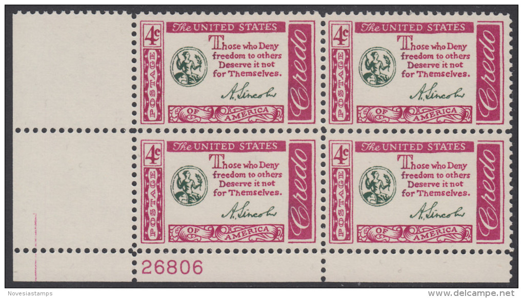 !a! USA Sc# 1143 MNH PLATEBLOCK (LL/26806) - American Credo: Lincoln - Nuovi