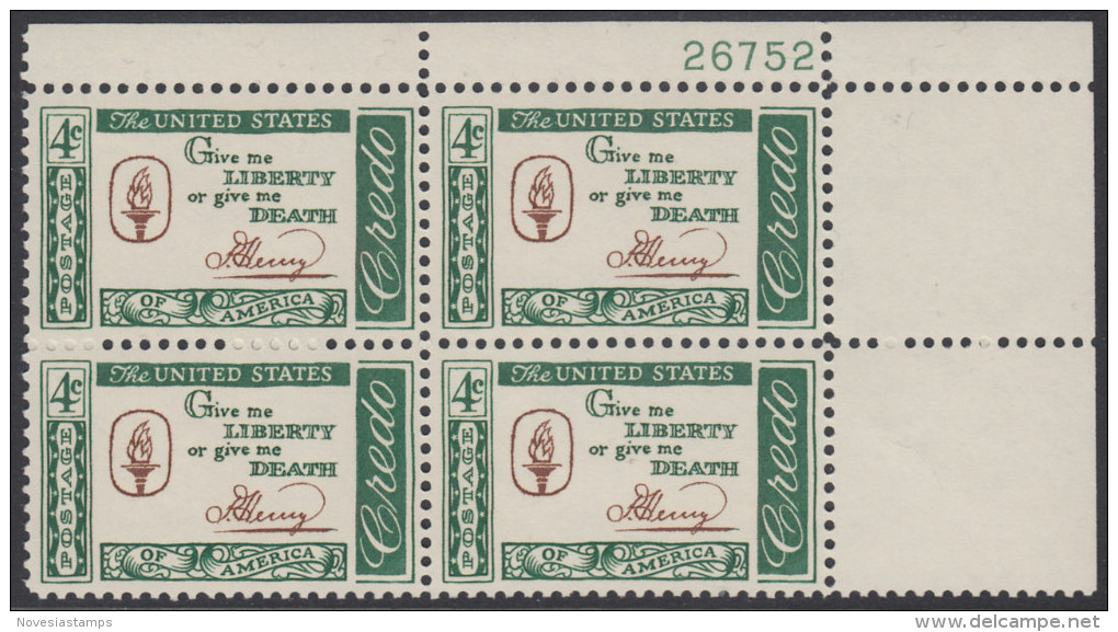 !a! USA Sc# 1144 MNH PLATEBLOCK (UR/26752/a) - American Credo: Henry - Nuovi