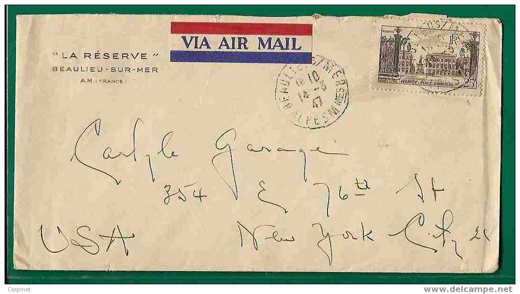 FRANCE - 1947 COVER From BEAULIEU-SUR-MER To NEW YORK - Yvert # 778 - Lettres & Documents