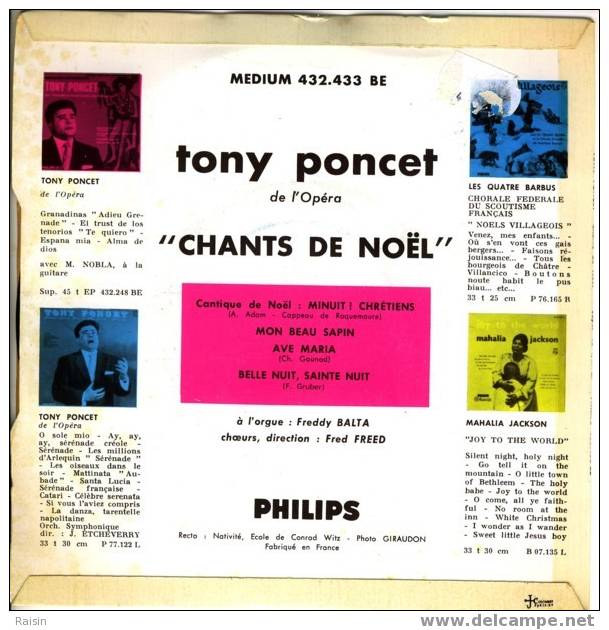 Tony Poncet  45 T SP  Chants De Noël Minuit! Chrétiens Mon Beau Sapin Ave Maria Gounod Belle Nuit, Sainte Nuit  TBE - Gospel & Religiöser Gesang