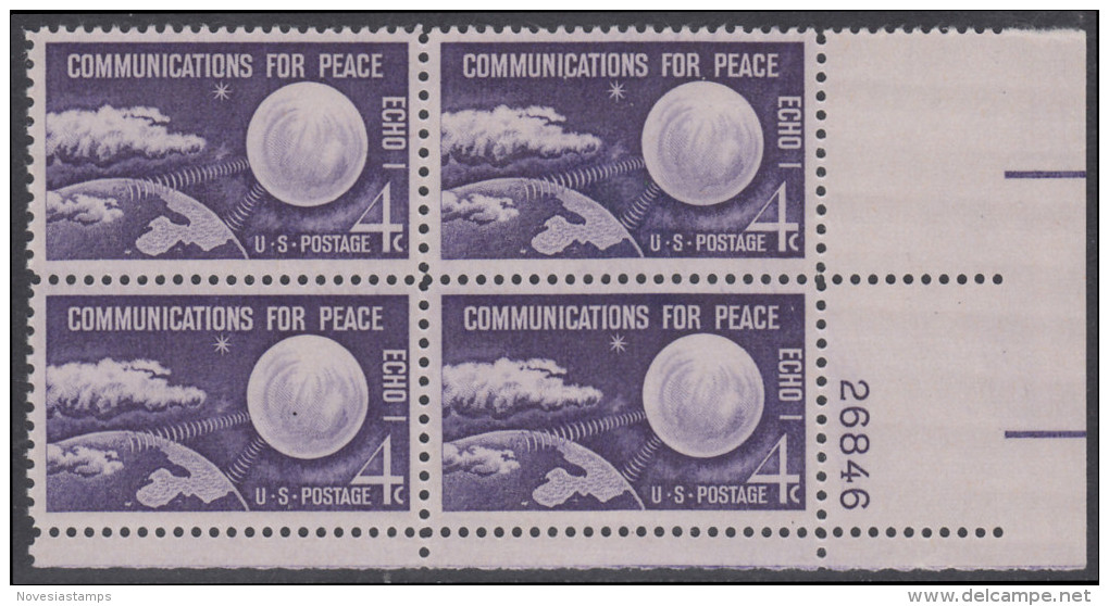 !a! USA Sc# 1173 MNH PLATEBLOCK (LR/26846) - Echo I Communications For Peace - Unused Stamps