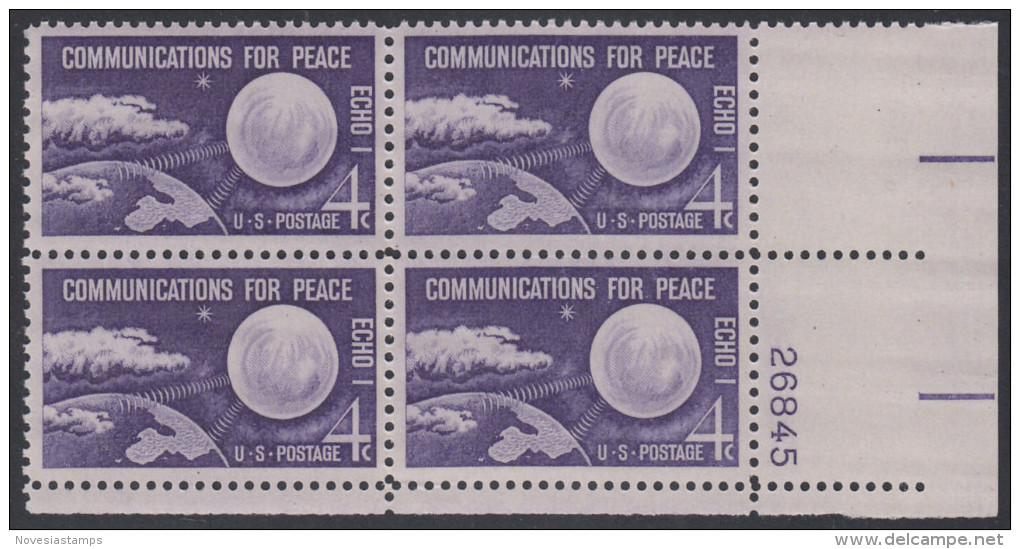 !a! USA Sc# 1173 MNH PLATEBLOCK (LR/26845) - Echo I Communications For Peace - Unused Stamps