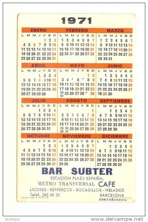 Calendrier 1991: Bar Subter, Estacion Plaza Espana, Cafe, Barcelona, Jeune Femme Sexy, Seins (07-2623) - Tamaño Pequeño : 1971-80