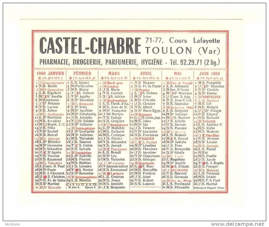 Calendrier 1960: Castel Chabre à Toulon, Pharmacie, Droguerie, Parfumerie, Hygiène (07-2627) - Petit Format : 1941-60