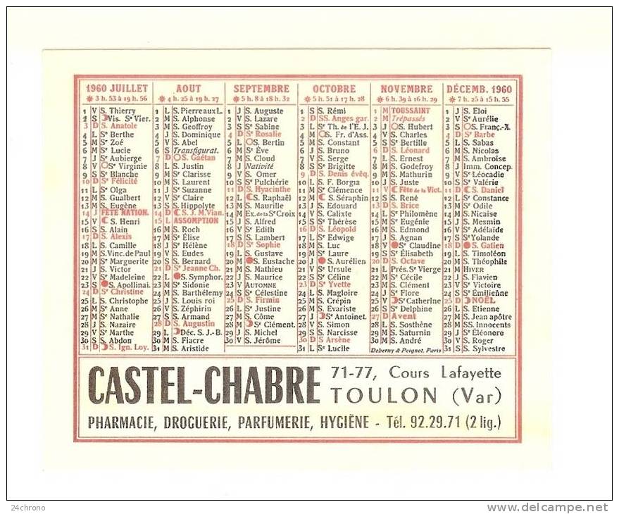 Calendrier 1960: Castel Chabre à Toulon, Pharmacie, Droguerie, Parfumerie, Hygiène (07-2627) - Petit Format : 1941-60