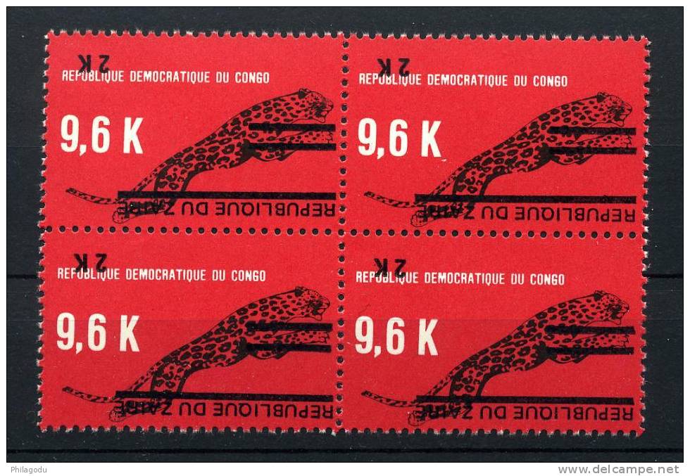 ZAIRE 1977 Surch Renverséee 907 R. ++ LEOPARD Bloc De 4 Neuf ++ Postris - Unused Stamps