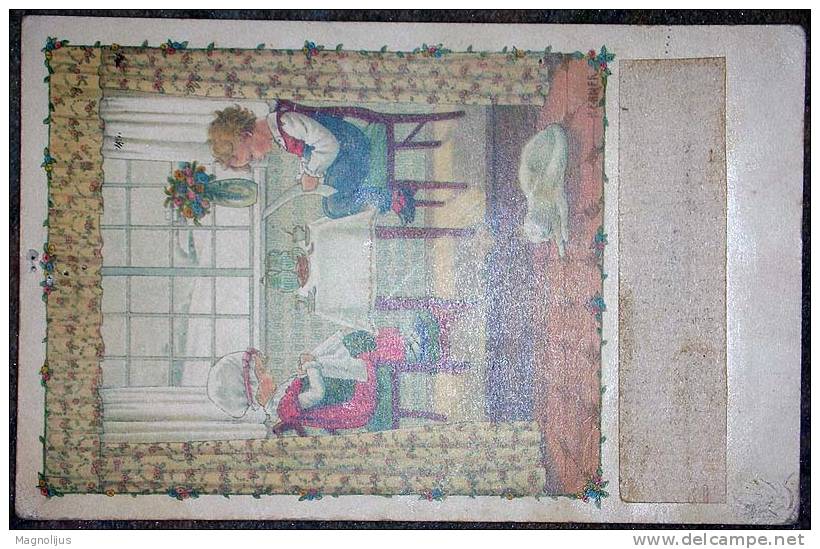 Children,Boy And Girl,Tea,Home,Cat,Signatured,P.Ebner,vintage Postcard - Ebner, Pauli