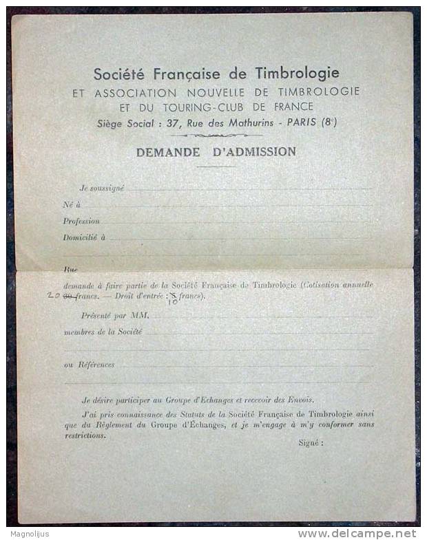 France,Societe Francaise De Timbrologie,Aplication Form,Philatelistic Club,vintage - Other & Unclassified