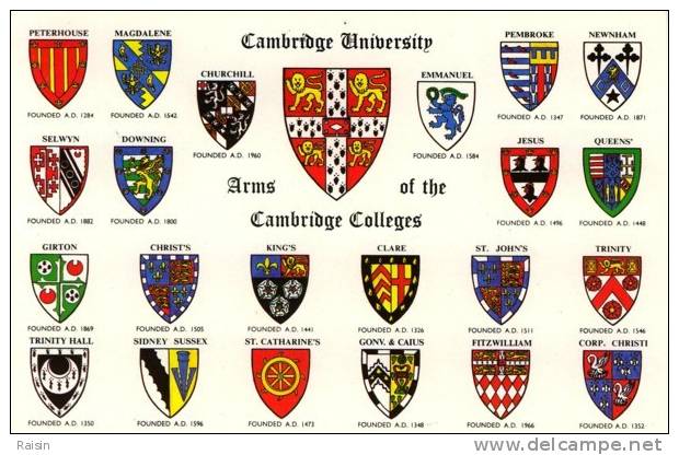 Héraldisme 22   Blasons  Des  Collèges De L'Université  Cambridge  Grande-Bretagne Dates De Fondation   CPSM TBE  Neuve - Cambridge