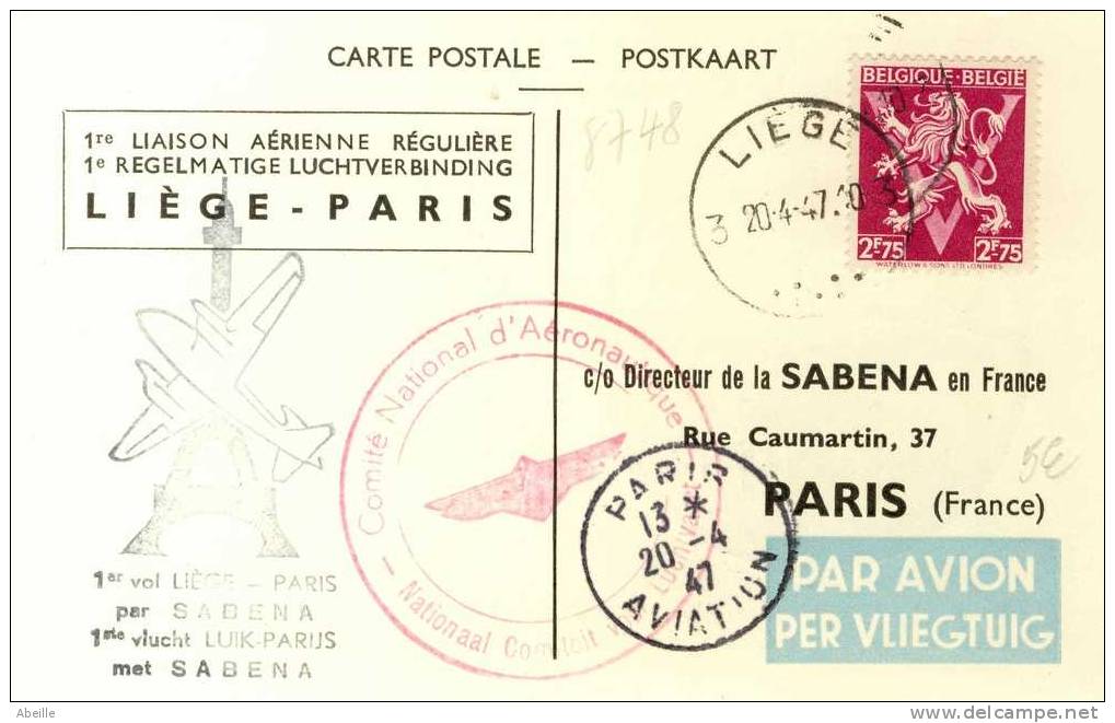 8748  1° VOL LIEGE PARIS - Cartas & Documentos