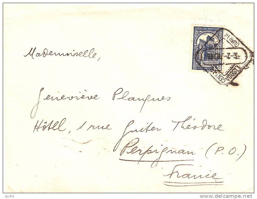 Lettre De LISBONNE PORTUGAL 1938 Pour PERPIGNAN 66 - Beau CACHET Carré Sur N° 584 YT 1,75 Bleu SEUL !!! + Griffe Au Dos - Poststempel (Marcophilie)