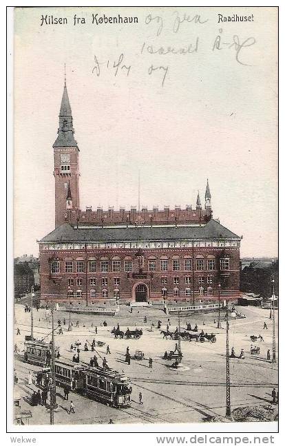 Dk-A004/   DÄNEMARK - Ansichtskarte Kopenhagen Rathaus,Pferdekutschen/Strassenbahn 1907 Nach Schweden - Storia Postale