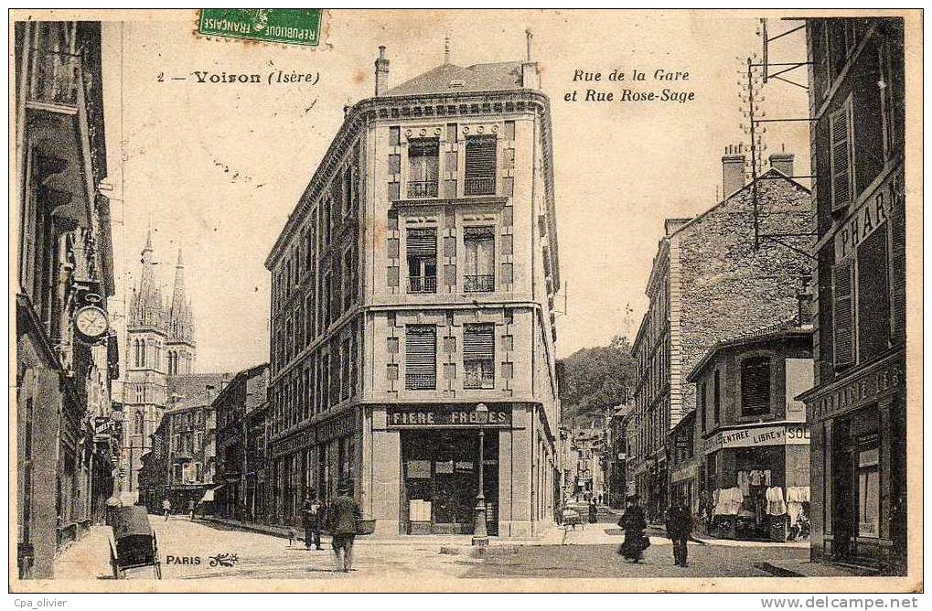 38 VOIRON Rue De La Gare, Rue Rose Sage, Animée, Commerces, Ed BF 2, 1913 - Voiron