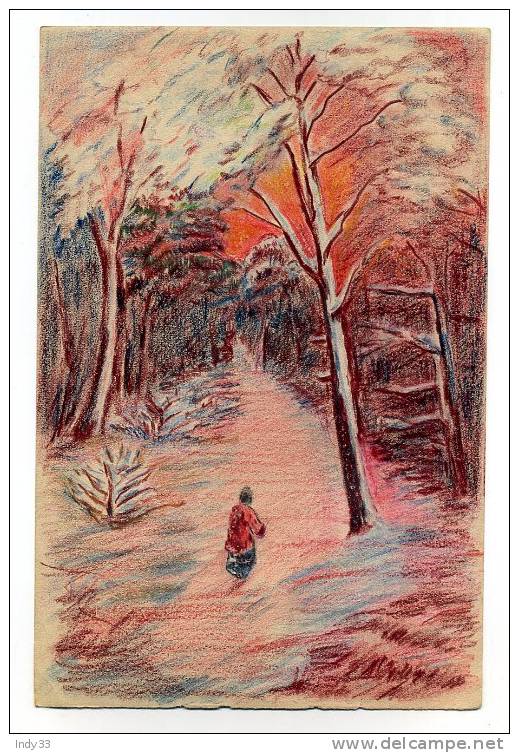 - FEMME DE DOS DANS UNE ALLEE FORESTIERE . DESSIN AUX CRAYONS DE COULEURS - Dibujos