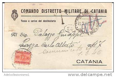 928)cartolina Tassa A Carico Con 30c. Segnatasse Con Fasci Da Catania Per Città Il 23-2-1945 Fori Di Spillo - Storia Postale