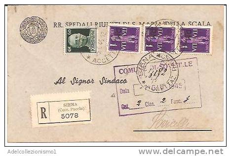 940)cartolina Raccomandata Con 3x1£ PM Imperiale+60c. Imperiale Senza Fasci Da Siena A Sovicille Il 7-6-1945 - Marcofilie