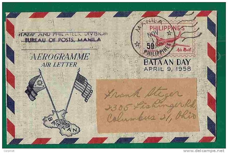 FLAGS - PHILIPPINES AEROGRAMME BATTAN DAY - APRIL-9-1958 - PHILIPPINE And AMERICA FLAGS - Enveloppes