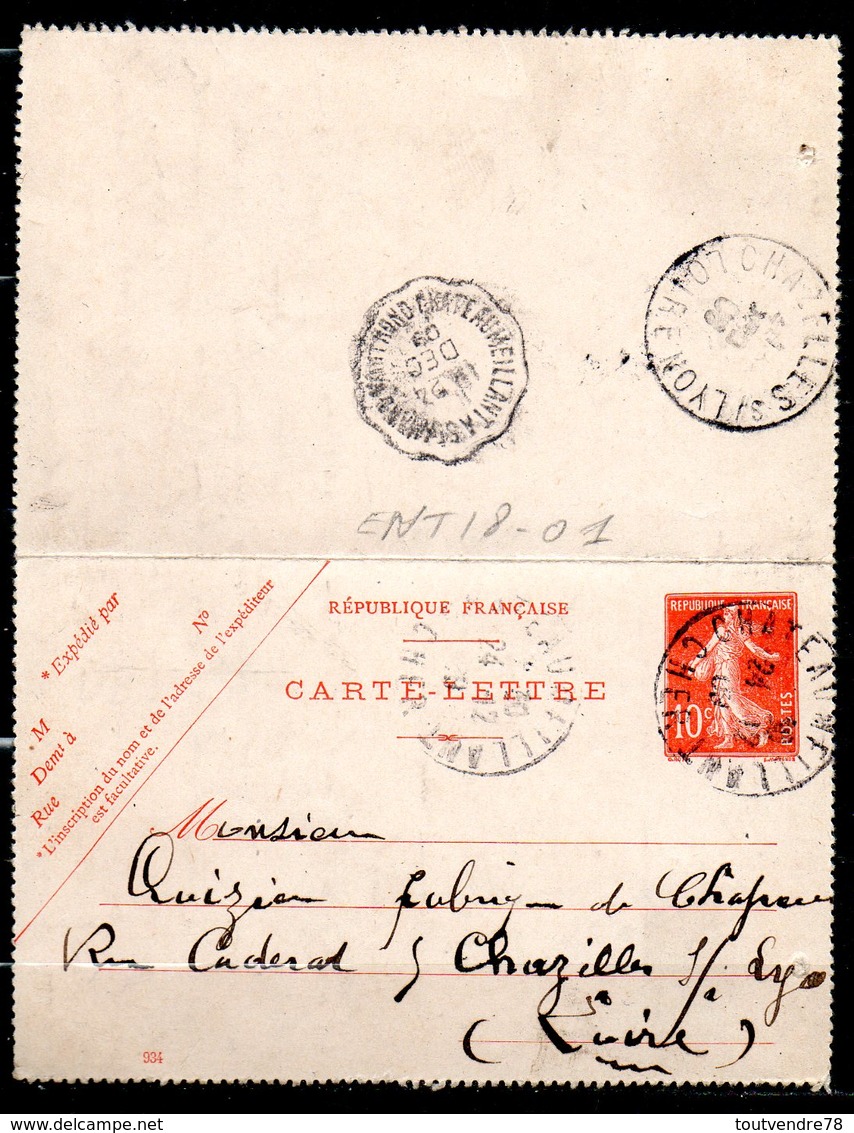 ENT18-02 : CL 10C Rouge Semeuse Daté 916 - Dept 18 (Cher) CHATEAUMEILLANT 1909 Cachet Type A4 - Letter Cards