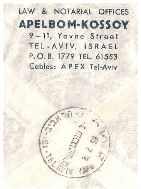 REGISTRED AIR-MAIL TEL AVIV 8/2/59 EXPO PHILATELIQUE (APELBOM-KOSSOY LAW & NOTARIAL OFFICES ) - KRAAINEM BELGIUM - Autres & Non Classés