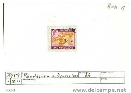 Rhodesien U. Nyassaland Mi. N° 26  9 P Violett/gelbbraun, Gez. K 14   Michelwert 4,00  Euro - Rhodesia & Nyasaland (1954-1963)