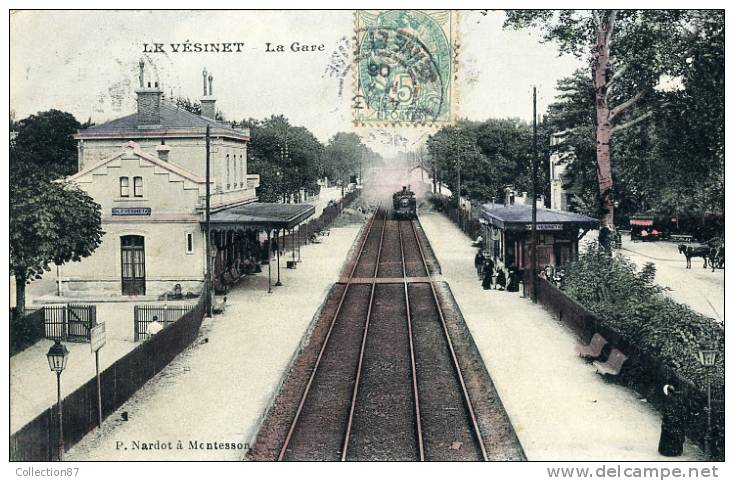 78 - YVELINES - LE VESINET - LA GARE - TRAIN - CARTE COLORISEE VOYAGEE 1906 - Edit. P. NARDOT - Le Vésinet