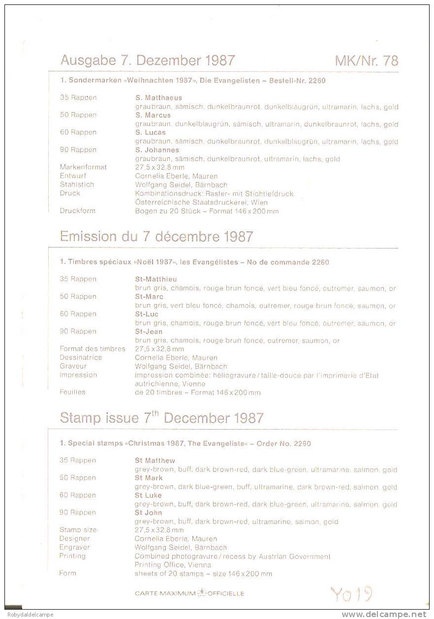 Y019 - LIECHTENSTEIN - Unificato # 872 Su Cartolina Ufficiale FDC Natale 1987 - Brieven En Documenten