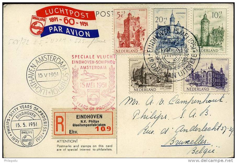 Kastelen 1953 Op Kaart  Speciaal Vlucht Eindhoven-Schipol-Amsterd Am 15 Mei 1951 En Special Stempel PHILIPS - Storia Postale