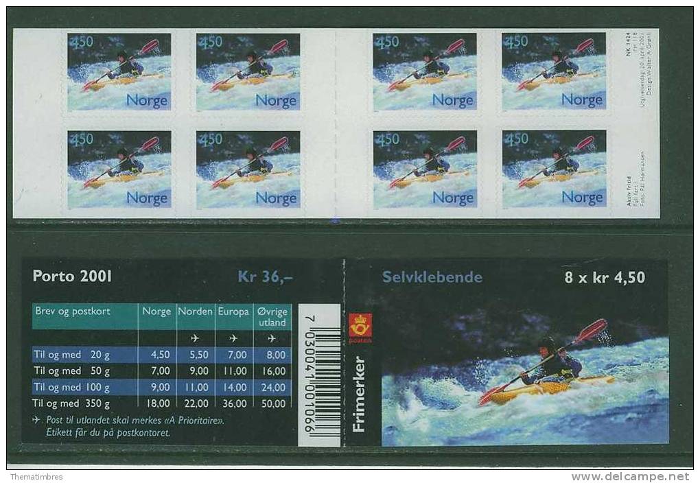 NOR0042 Kayak En Eau Vive Carnet C1332 Norvege 2001 Neuf ** - Canoë