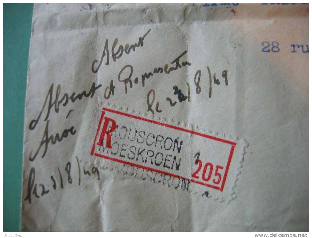 MARCOPHILIE LETTRE EN RECOMMANDE  DE 1949  BELGIQUE AVOCAT A MOUSCRON( AVISE ) POUR TOURCOING 59 - Rural Post