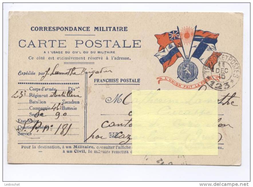 Militaire/  Guerre De 14/18 :  Carte Postale En FRANCHISE MILITAIRE - Covers & Documents