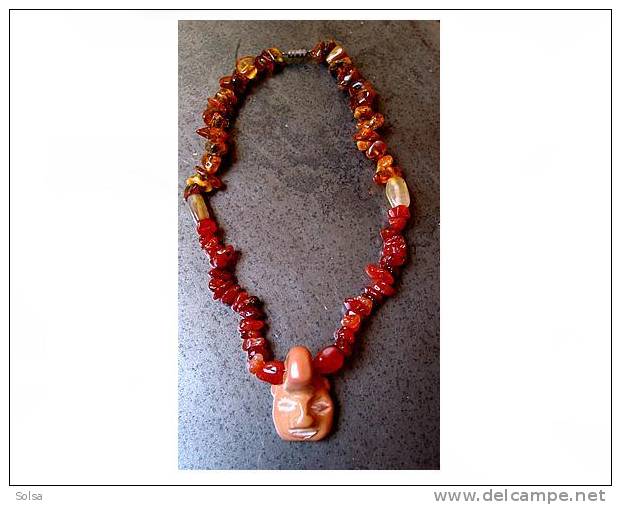 Collier Mexicain Ambre Et Cornaline / Amber And Cornalian Neclace From Mexico - Ethniques