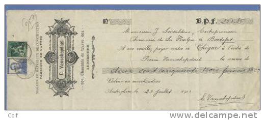110+120 Op "cheque à L'ordre" Met Cirkelstempel AUDERGHEM - 1912 Pellens