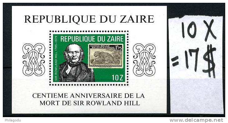 Zaire  1980**      Sir Rowland Hill Et Leopard  Timbre Sur Timbre   Lot De 10 Blocs ++ - Autres & Non Classés