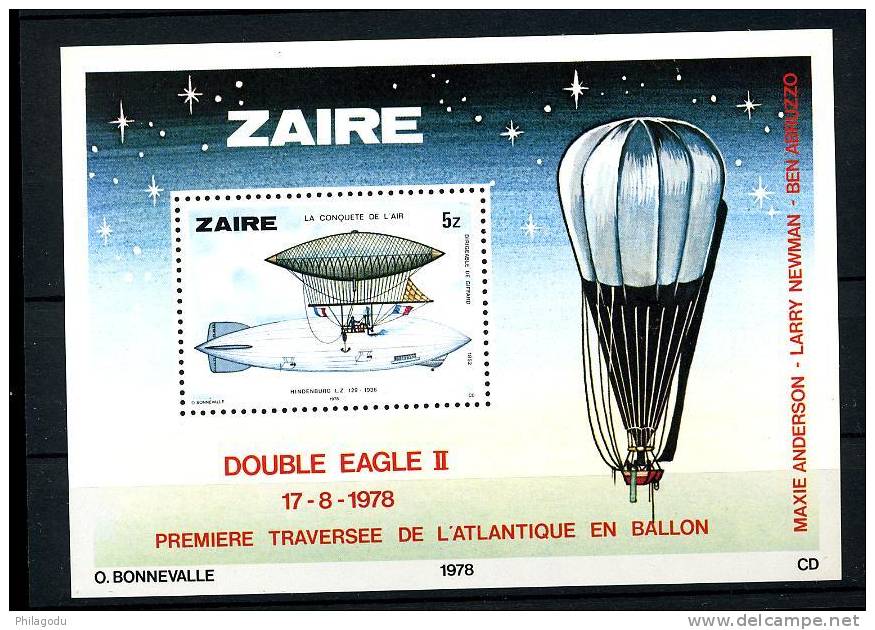 Zaire   Ballon Et Dirigeable  Double Eagle 1978   Lot De 10 Blocs ++  Cote 17,50 Chaque Bloc = 175 E - Sonstige (Luft)