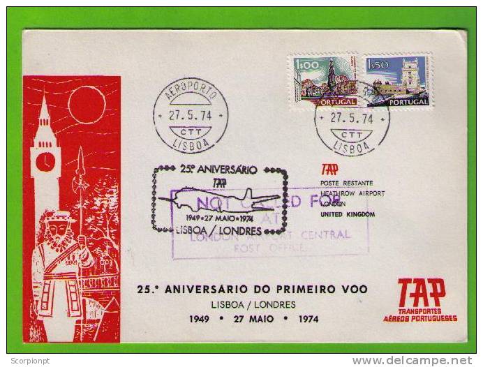 25 Anniv 1st FLIGHT By TAP Airmail LISBOA  Portugal - LONDON (United Kingdom) Sp361 - Lettres & Documents