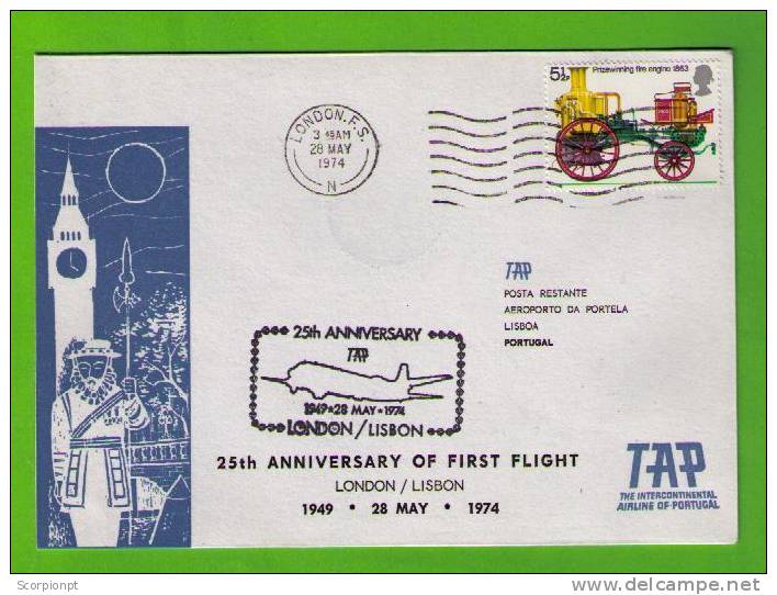 1974 -  25 Anniv 1st FLIGHT By TAP, Airmail LONDON (United Kingdom) / LISBOA (Portugal) RETURN Sp360 - Briefe U. Dokumente
