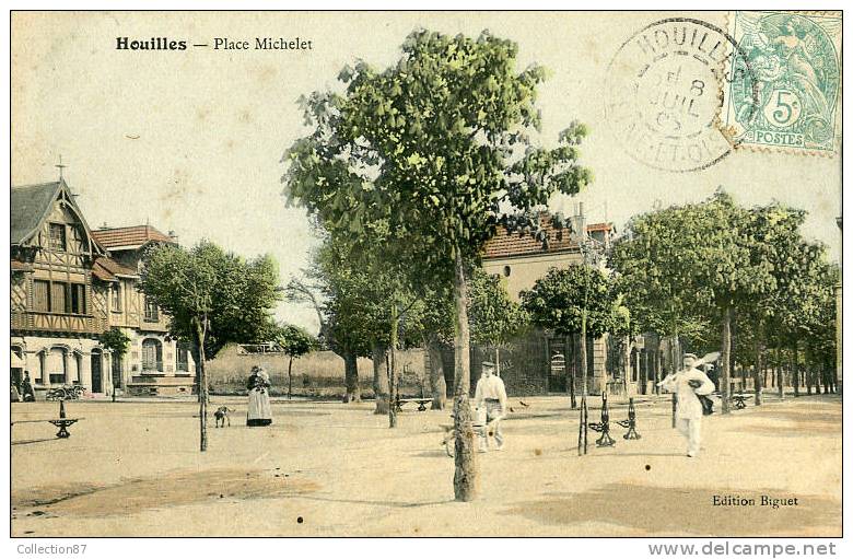 78 - YVELYNES - HOUILLES - PLACE MICHELET ANIMEE - CPA COLORISEE VOYAGEE 1905 - Houilles