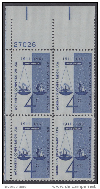 !a! USA Sc# 1186 MNH PLATEBLOCK (UL/27026) - Workmen's Compensation - Nuovi