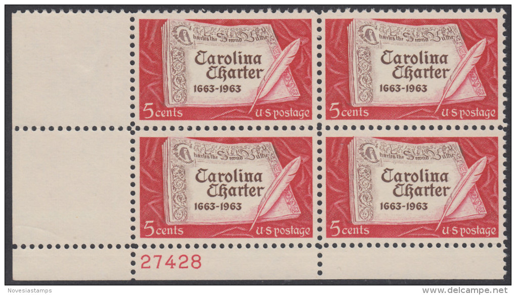 !a! USA Sc# 1230 MNH PLATEBLOCK (LL/27428) - Carolina Charter - Neufs