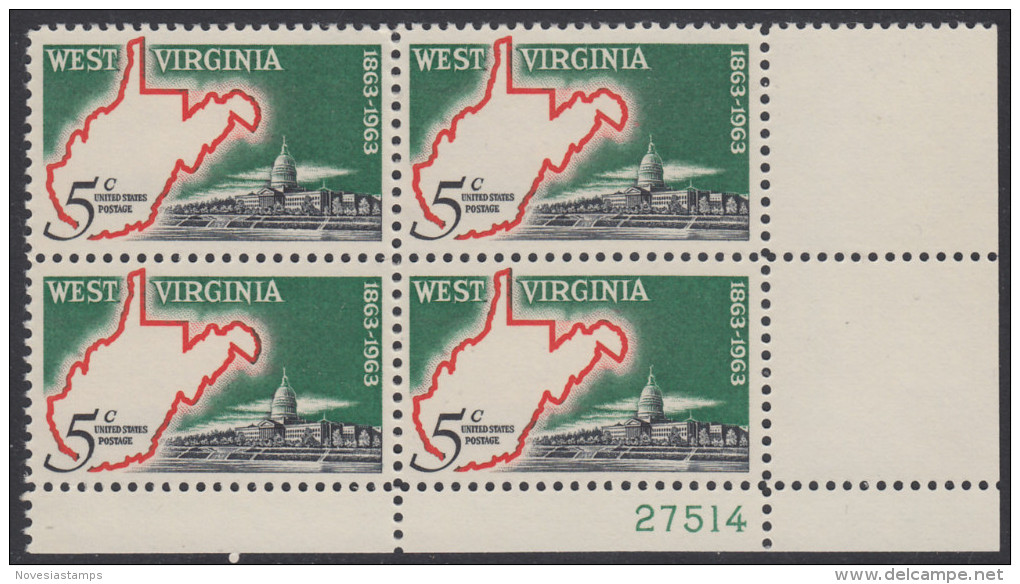 !a! USA Sc# 1232 MNH PLATEBLOCK (LR/27514) - West Virginia Statehood - Neufs