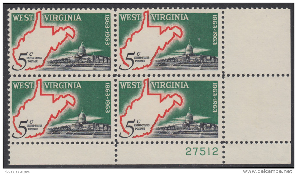!a! USA Sc# 1232 MNH PLATEBLOCK (LR/27512) - West Virginia Statehood - Neufs