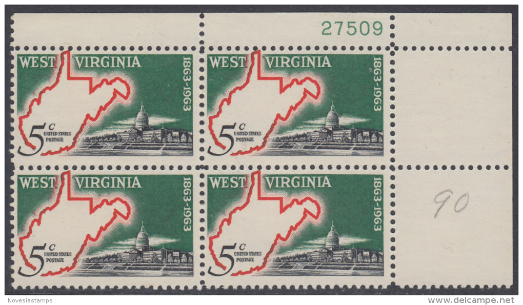 !a! USA Sc# 1232 MNH PLATEBLOCK (UR/27509) - West Virginia Statehood - Neufs