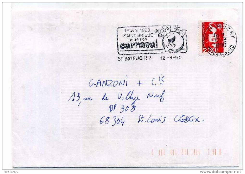 CARNAVAL / OBLITERATION MECANIQUE /  SAINT BRIEUC / 1990 / SUR LETTRE - Carnaval