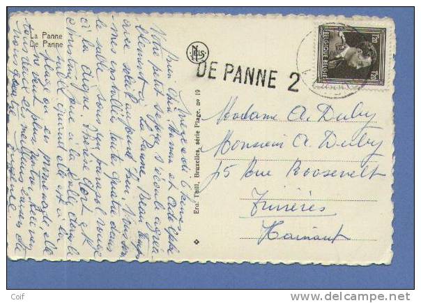 845 Op Kaart Met Treinstempel (ambulant) OOSTENDE-BRUSSEL 1 Met Naamstempel DE PANNE 2 - 1936-1957 Open Kraag